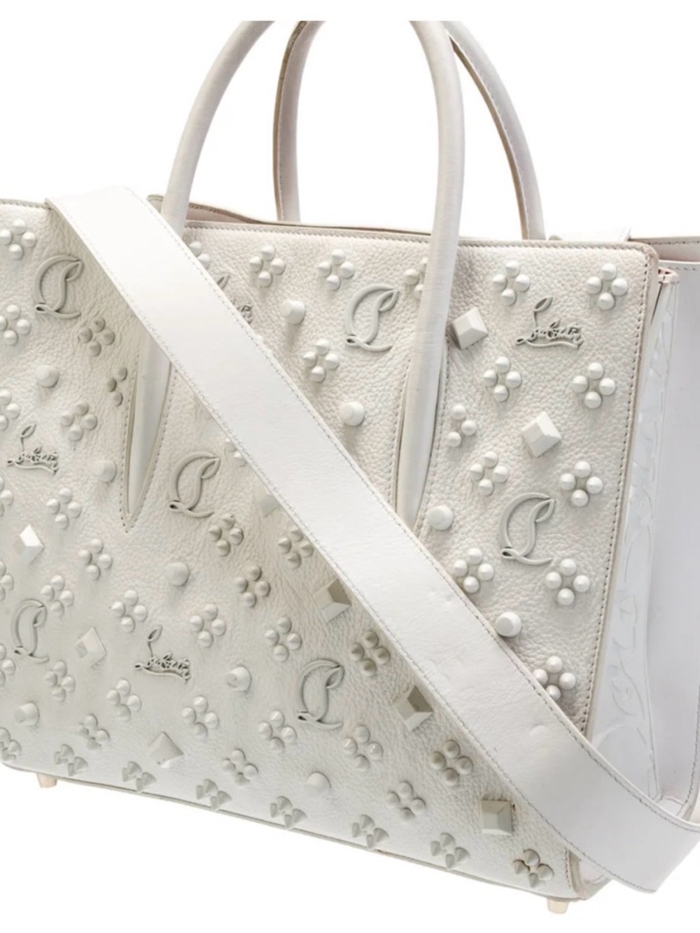 Christian Louboutin White Embossed Studded Leather Tote with Strap